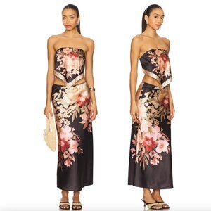 NEW Free People Fabian Skirt Set in Black Combo Floral Satin Strapless Crop Top